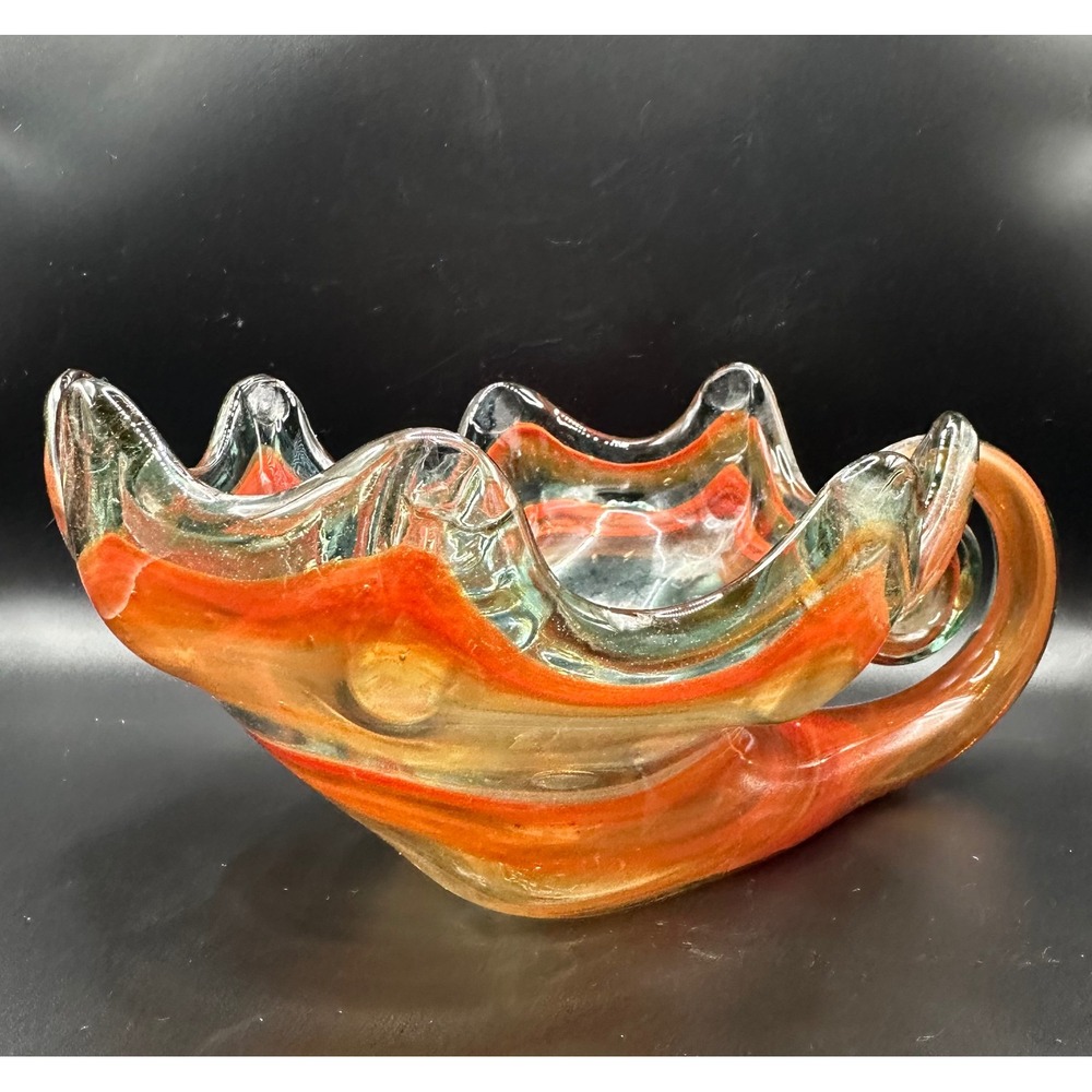Hand Blown Art Glass Ruffled Bowl Orange Amber Swirl Scrolled Handle vintage